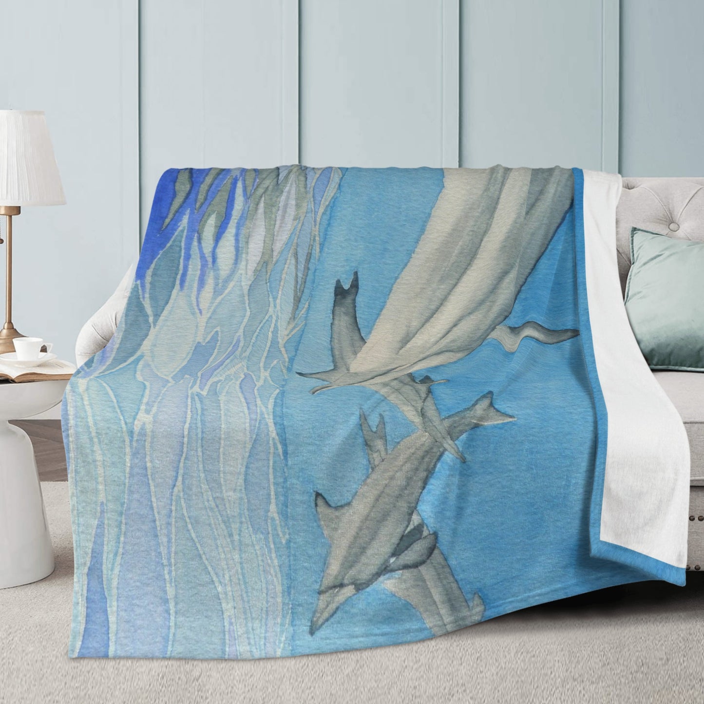 Dolphins at 2 step Watercolor Plush Fleece Blanket