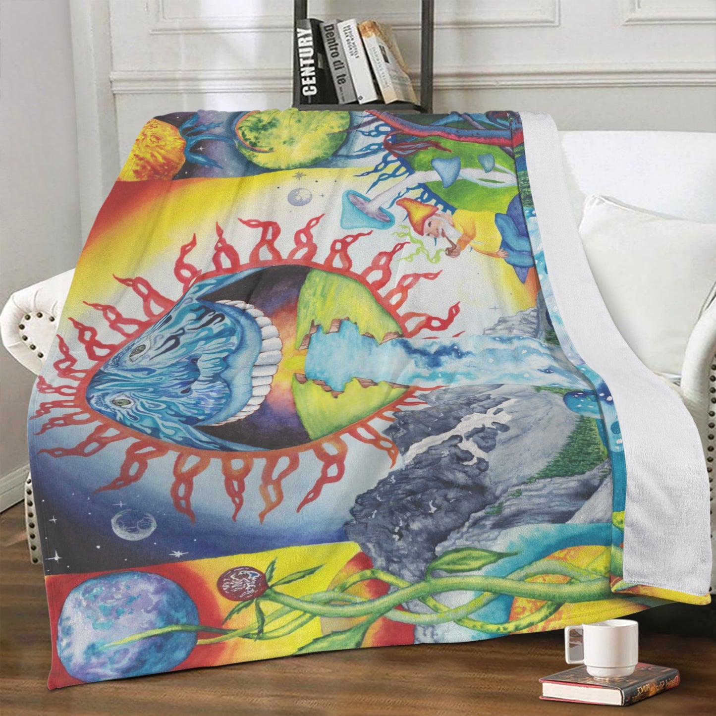Trippy Sun Face Watercolor Plush Fleece Blanket