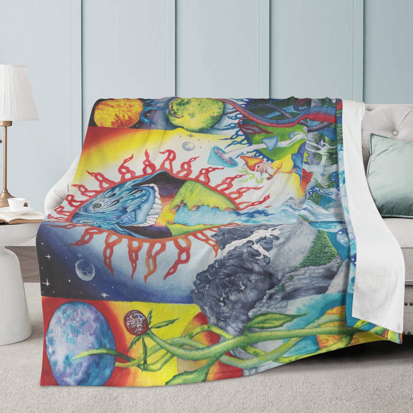 Trippy Sun Face Watercolor Plush Fleece Blanket