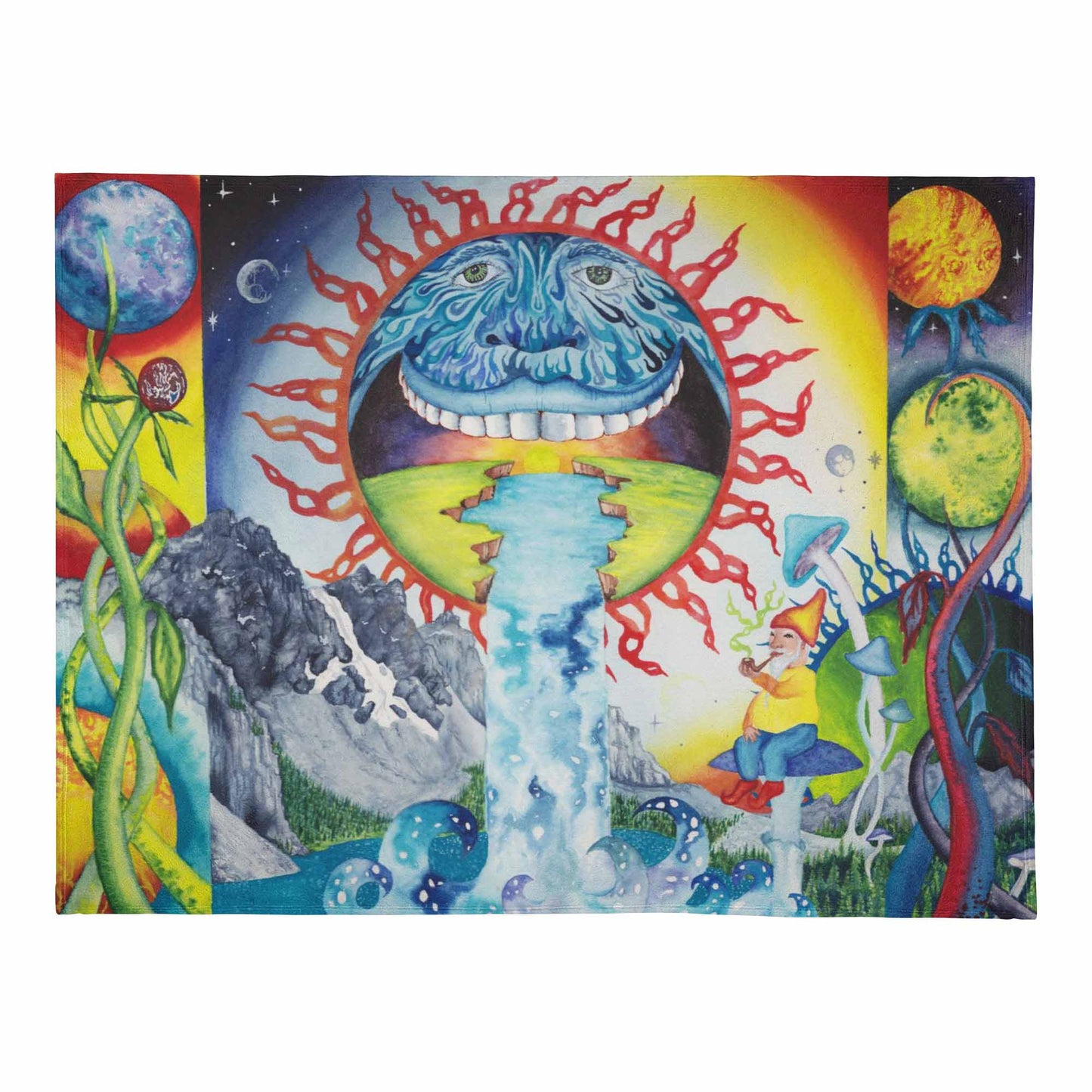 Trippy Sun Face Watercolor Plush Fleece Blanket