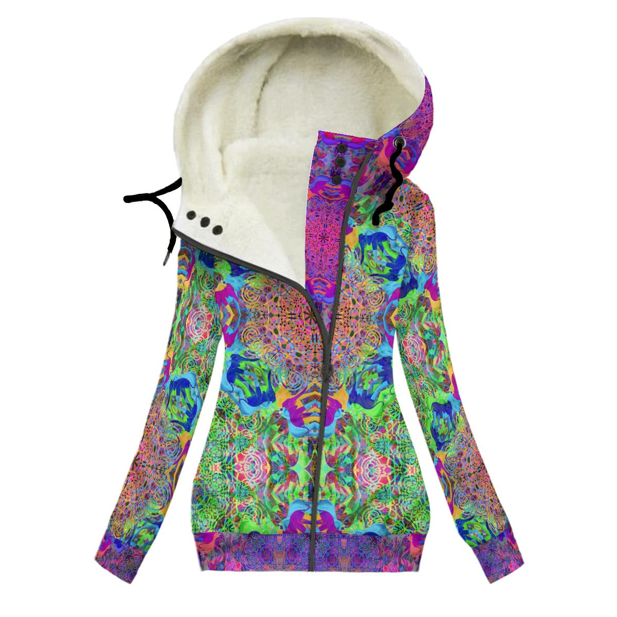 Elephant Mandala Women's Hooded Jacket with Fleece Lining