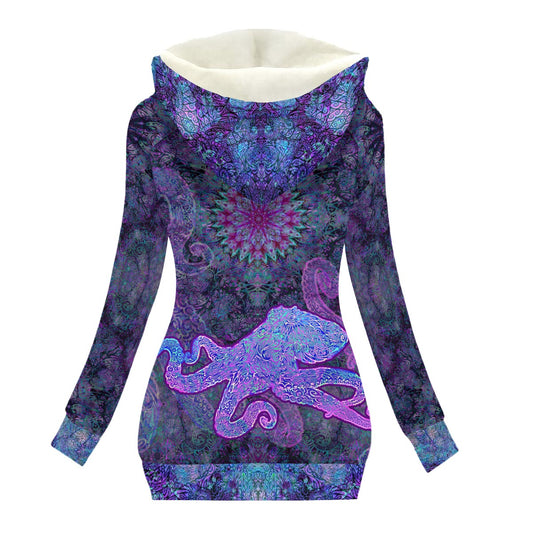 Purple Octopus Women's Hooded Jacket With Fleece Lining
