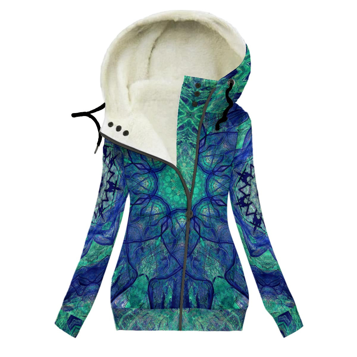 Teal Ripples Women's Hooded Jacket with Fleece Lining
