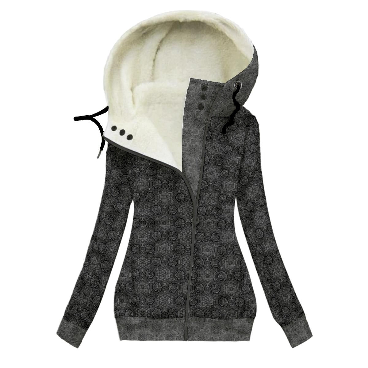 Metatrons Cube Noir Women's Hooded Jacket with Fleece Lining