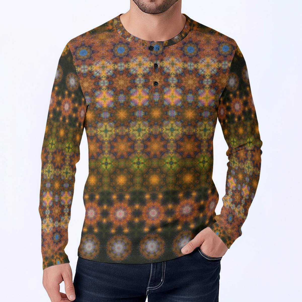 Cosmic Coral Reef Long-Sleeve Henley Shirt