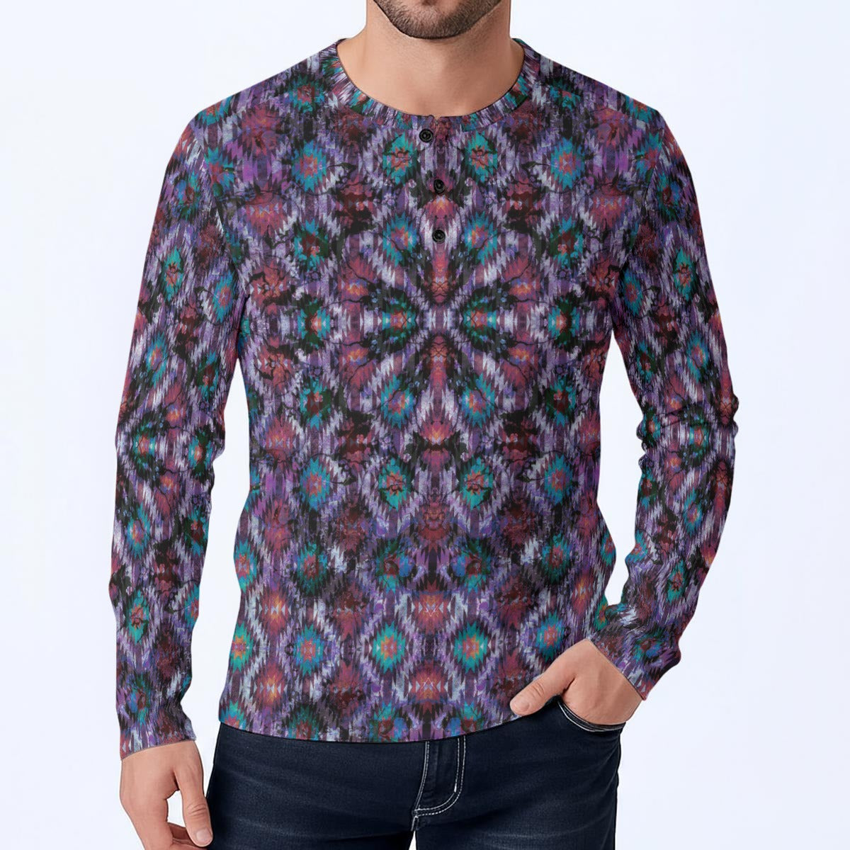 Navajo Nightshade Long-Sleeve Henley Shirt