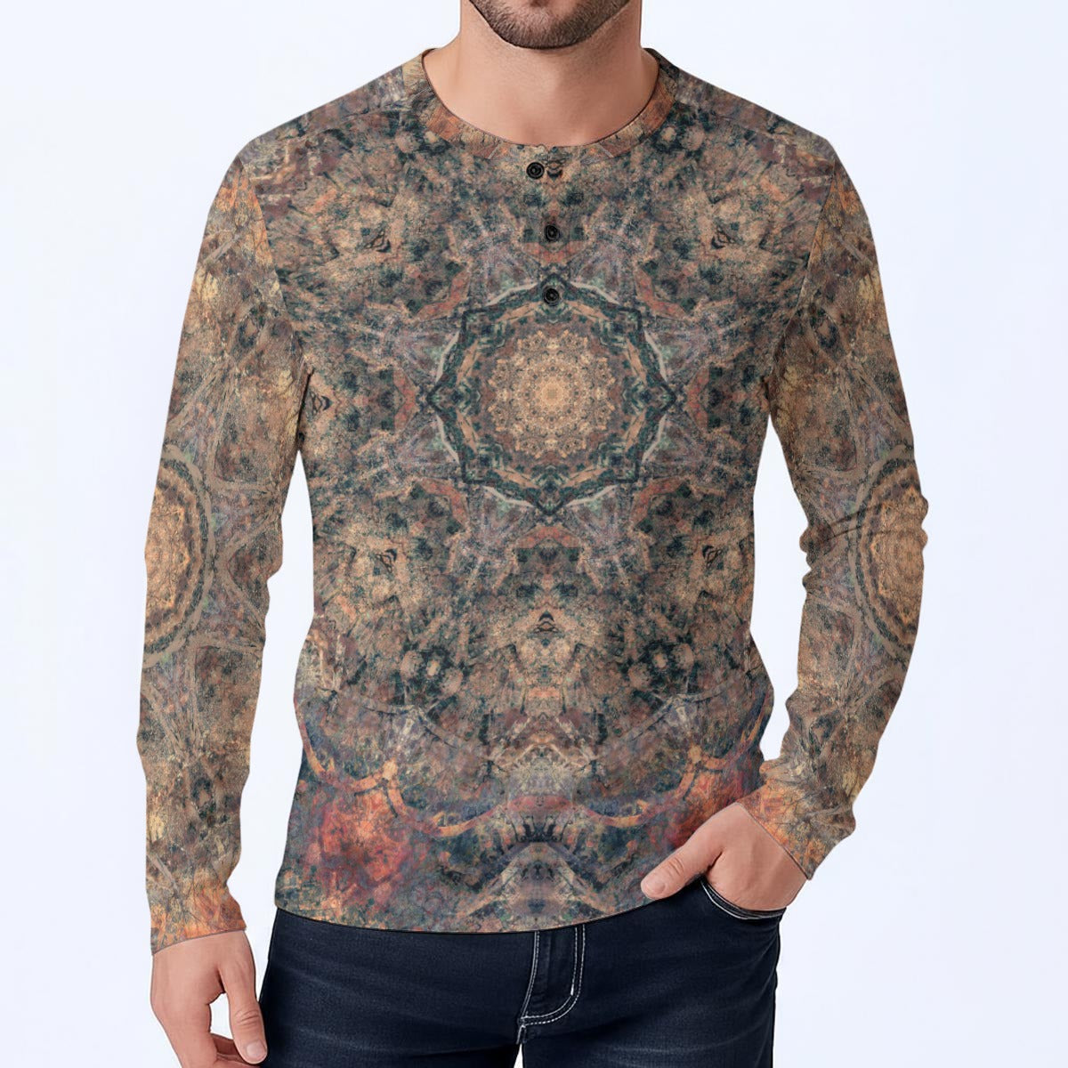 Sahara Mandalas Long-Sleeve Henley Shirt
