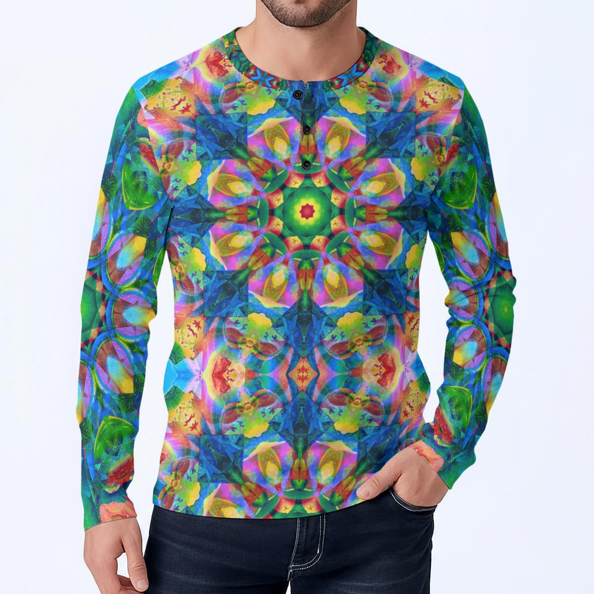 Triptych Mandala Long-Sleeve Henley Shirt