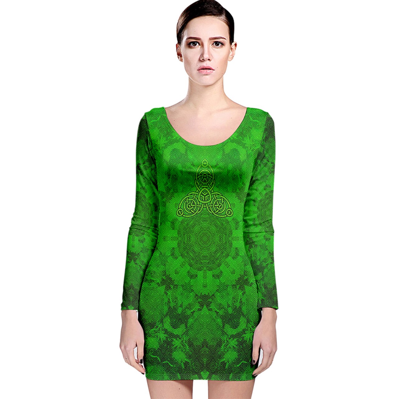 Celtic Greens Long Sleeve Velvet Bodycon Dress